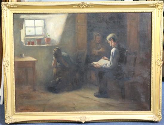 Henry John Dobson (1858-1928) Cottage interior with seated figures, 22 x 30in.
